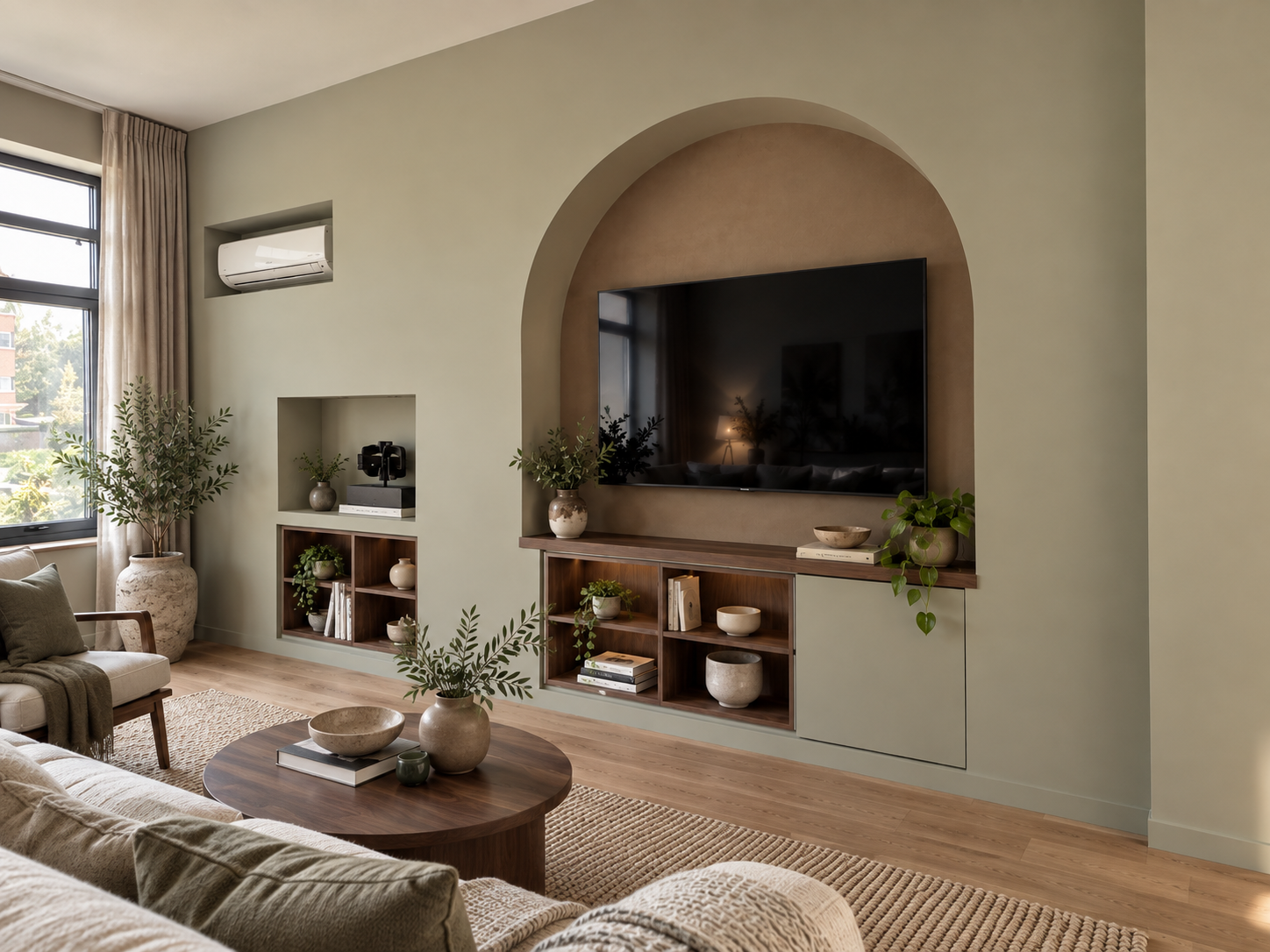 Luxe woonkamer met boogwand en strak afgewerkte nis