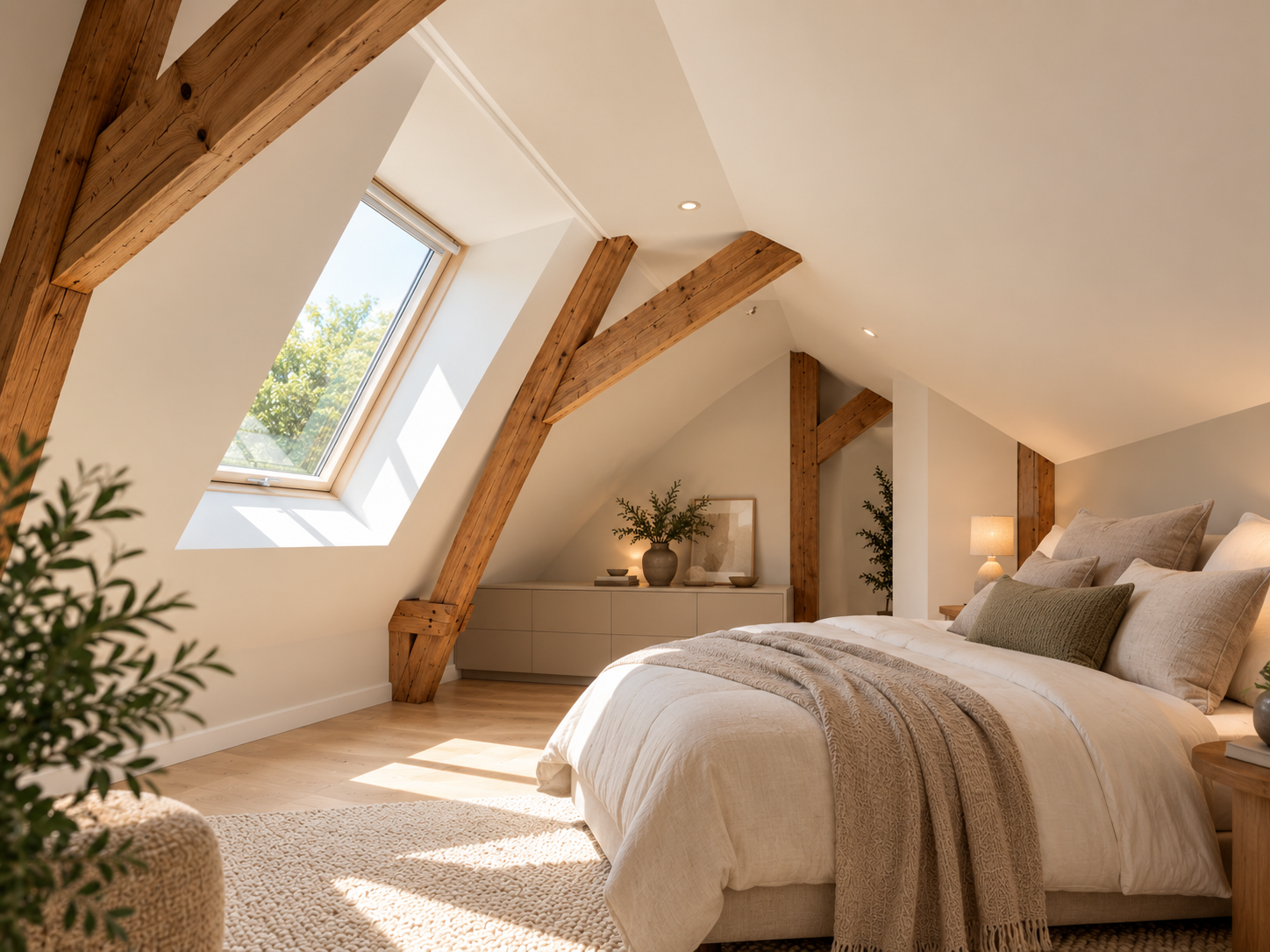Strak afgewerkte zolderslaapkamer met stucwerk